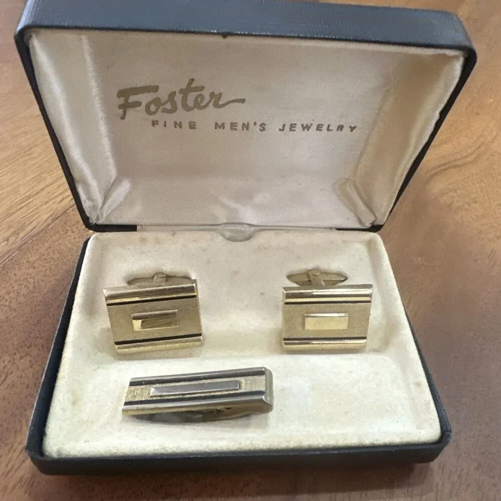 Vintage Foster Rectangular Gold Filled  Cufflinks and Tie Pin in Original Box